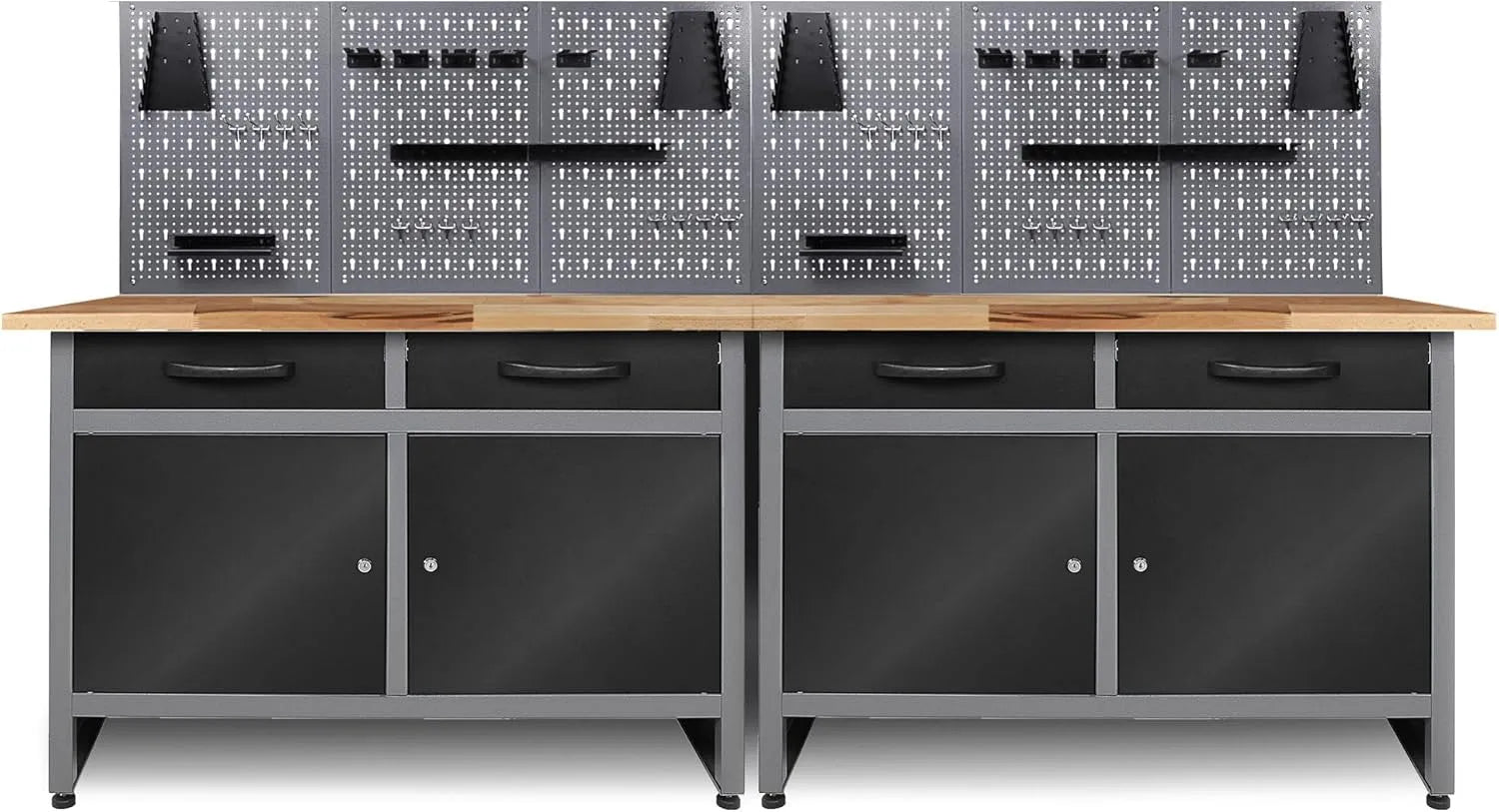 Werkbank und Werktisch: Werkstatteinrichtung, mit Lochwand, aus Stahl, mit Schubladen, 240 cm, für Werkstatt und Heimwerken