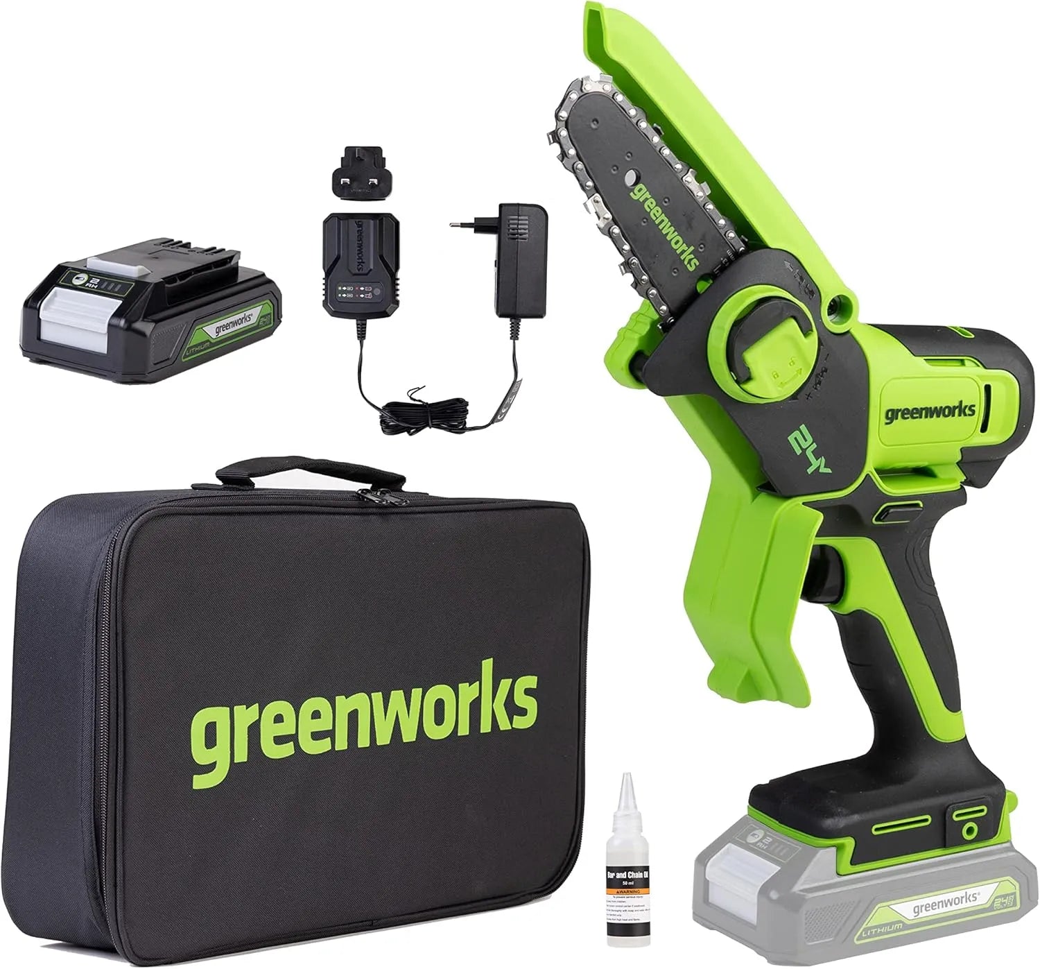 Greenworks 24V Kettensäge, Akku-Betrieb, 10cm, 7,8 m, 4 Zoll, für die Gartenpflege