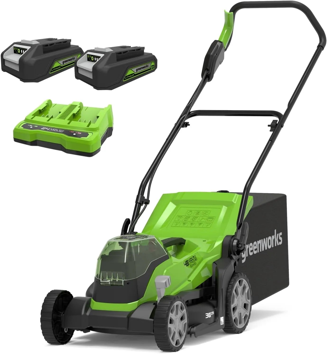 Greenworks 48V G24X2LM36K2X Rasenmäher: PLUS, Akku-Betrieb, 36 cm, 210 m, 24V, für die Gartenpflege