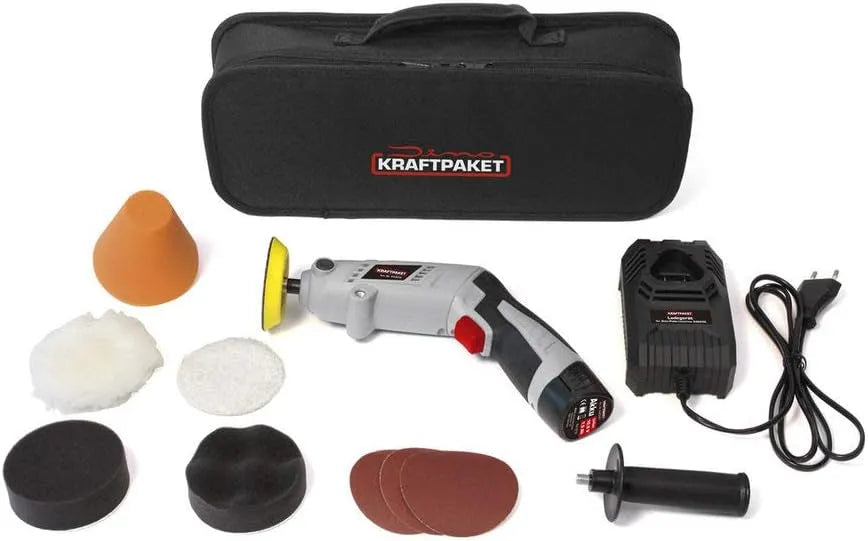 Poliermaschine und Elektropolierer, KRAFTPAKET, Akku-Betrieb, drehbar, 75mm, 10.8V, grau
