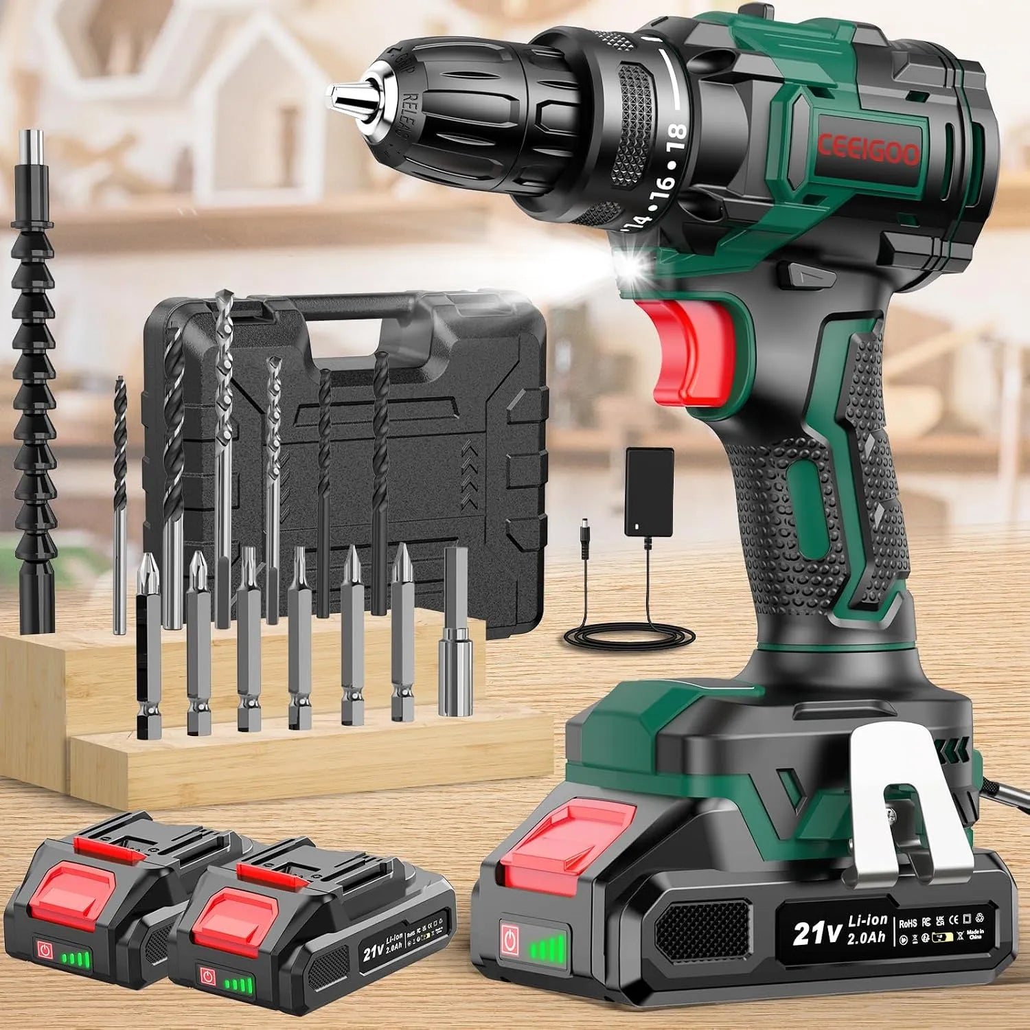 Bohrschrauber und Elektroschrauber: CEEIGOO, Akku-Betrieb, bürstenloser Motor, LED-Anzeige, 2er-Set, 14tlg, 21V