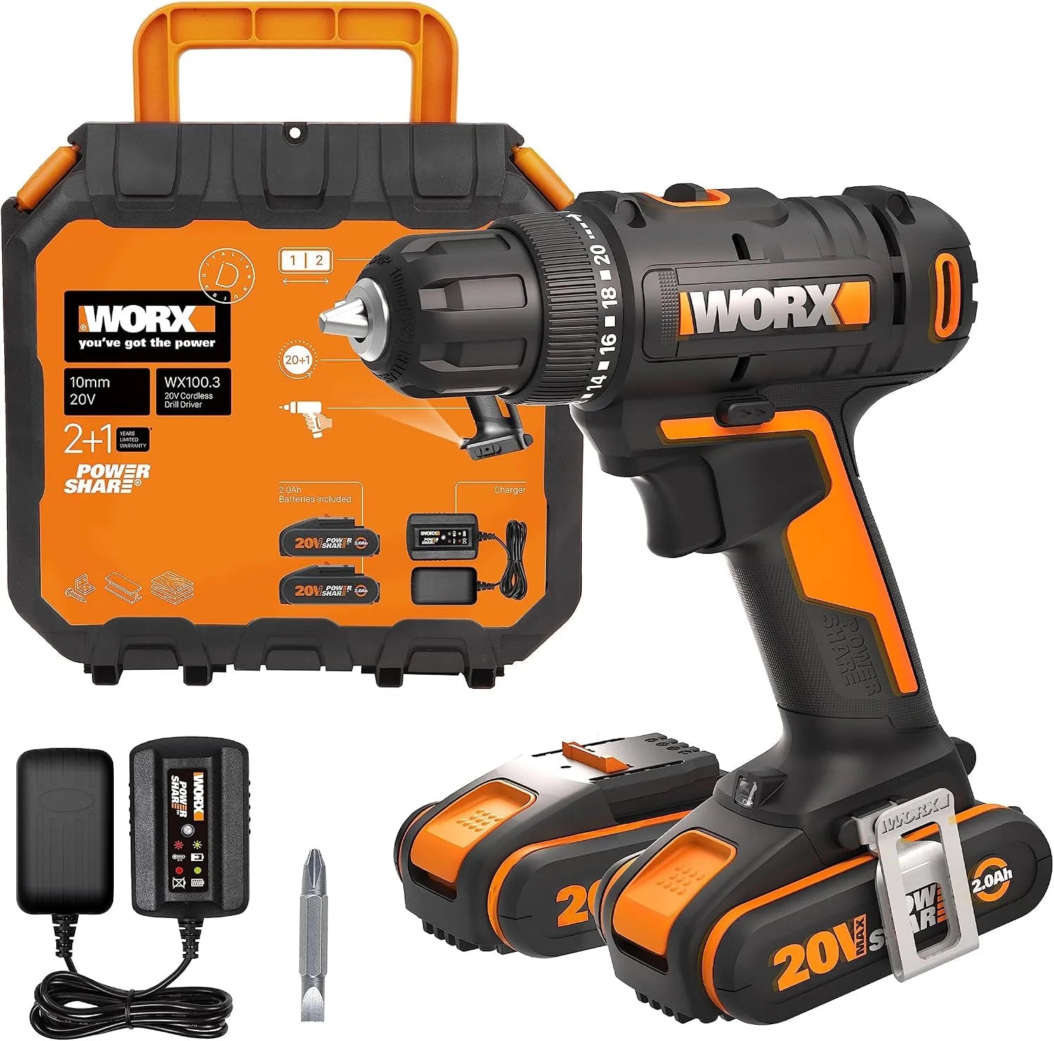 WORX 18V WX100 18V, 20V Akku-Bohrschrauber WX100.3 – Akku-Betrieb, LED-Anzeige, 10 mm, 30 Nm, schwarz