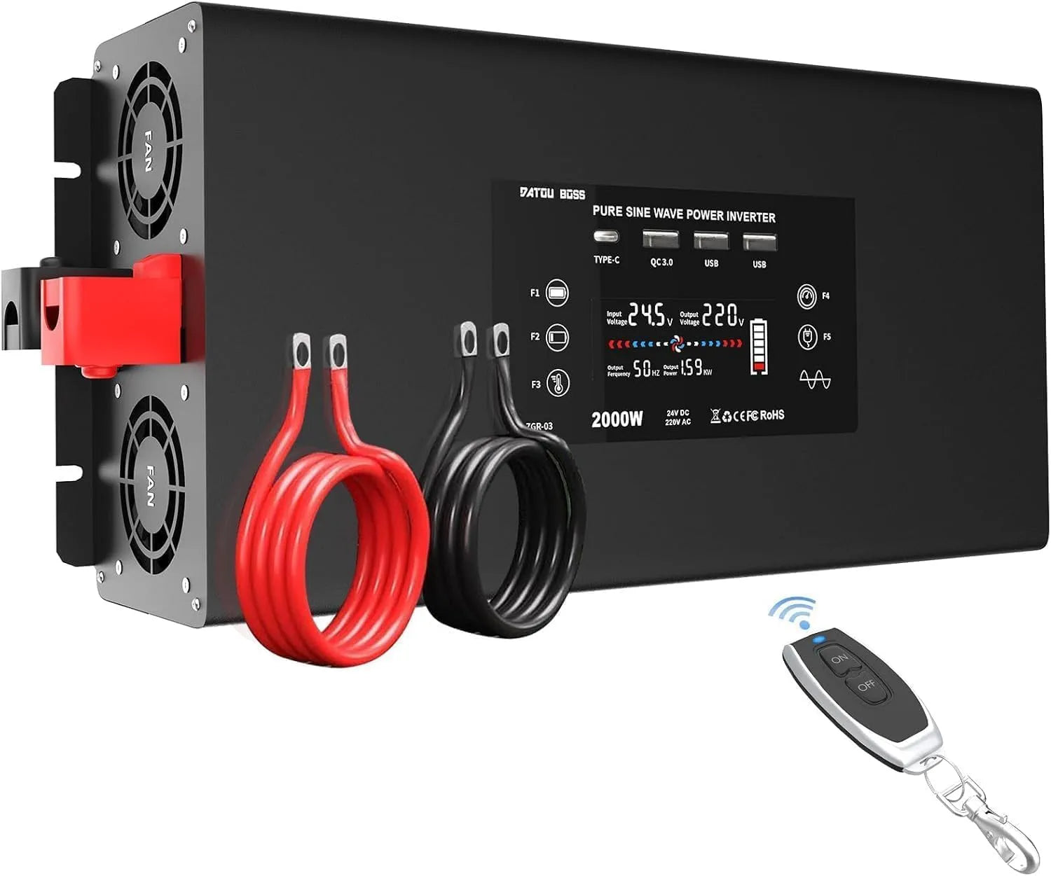 QC3.0 DC-AC-Wechselrichter und Spannungswandler, 2000W, solarbetrieben, mit USB-C, 4000W, 24V, 230V