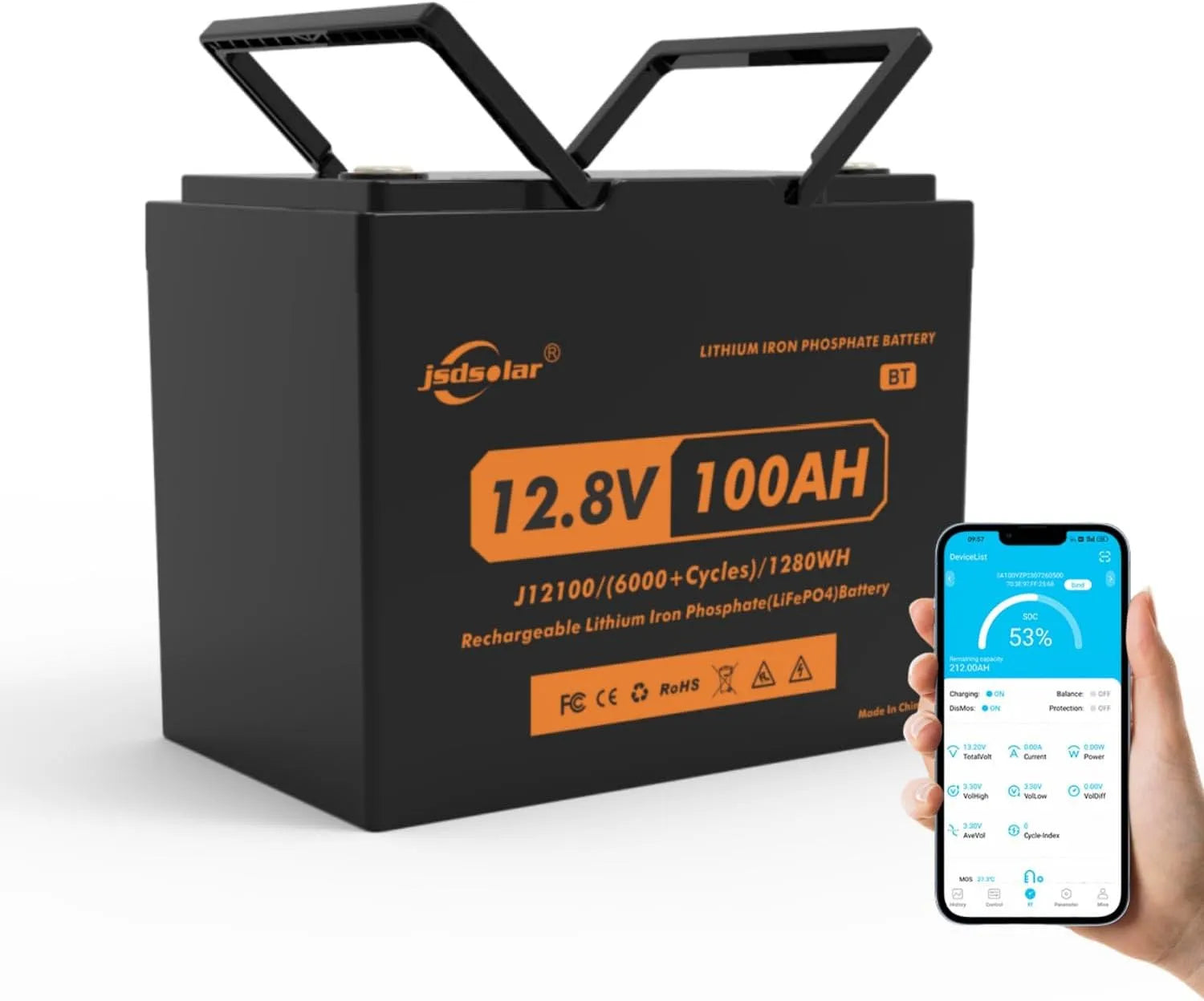 LiFePO4 LiFePO4-Batterie und Solar-Speicherbatterie, 100Ah, solarbetrieben, mit BMS, mit Bluetooth, 12V, für Camping und Wohnmobil