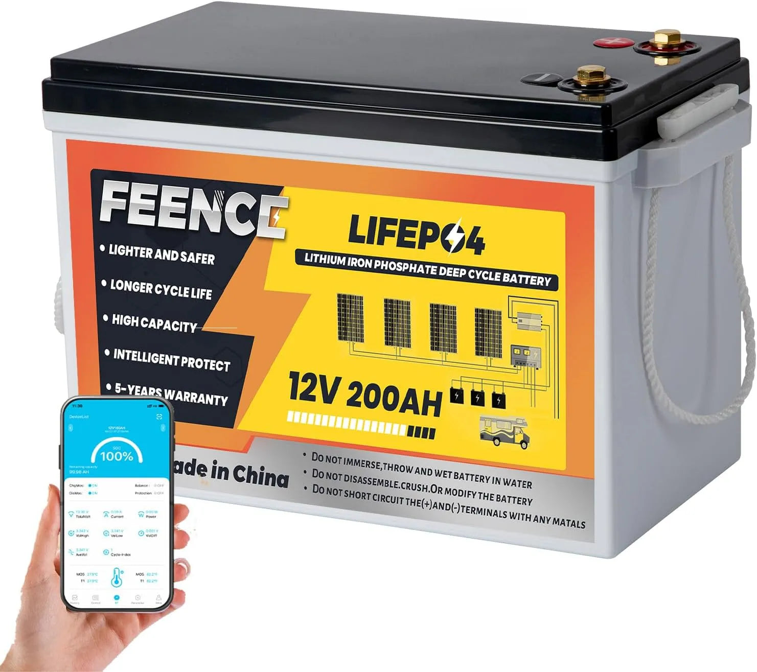 Autobatterie Lifepo4 LiFePO4-Batterie und Solar-Speicherbatterie, 200Ah, solarbetrieben, mit BMS, für Zyklenbetrieb, 2560Wh, 12V