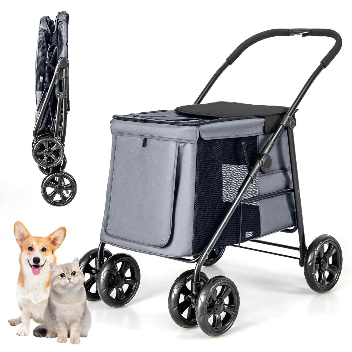 Haustierbuggy – klappbar, Netzbelüftung, 40 kg, grau