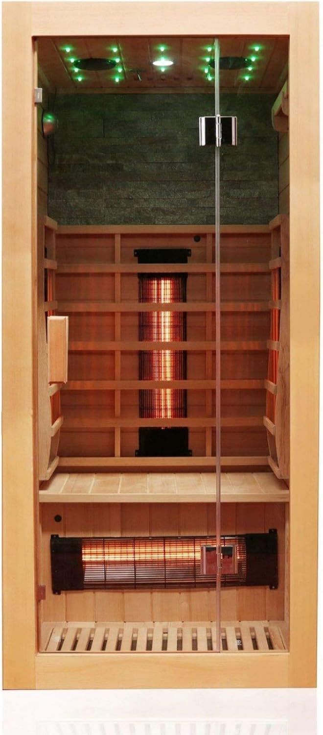 Infrarot-Saunakabine - Holzkonstruktion, mit USB-Anschluss, Bluetooth-Konnektivität, LED-Anzeige, 90 x 90, Dewello MP3