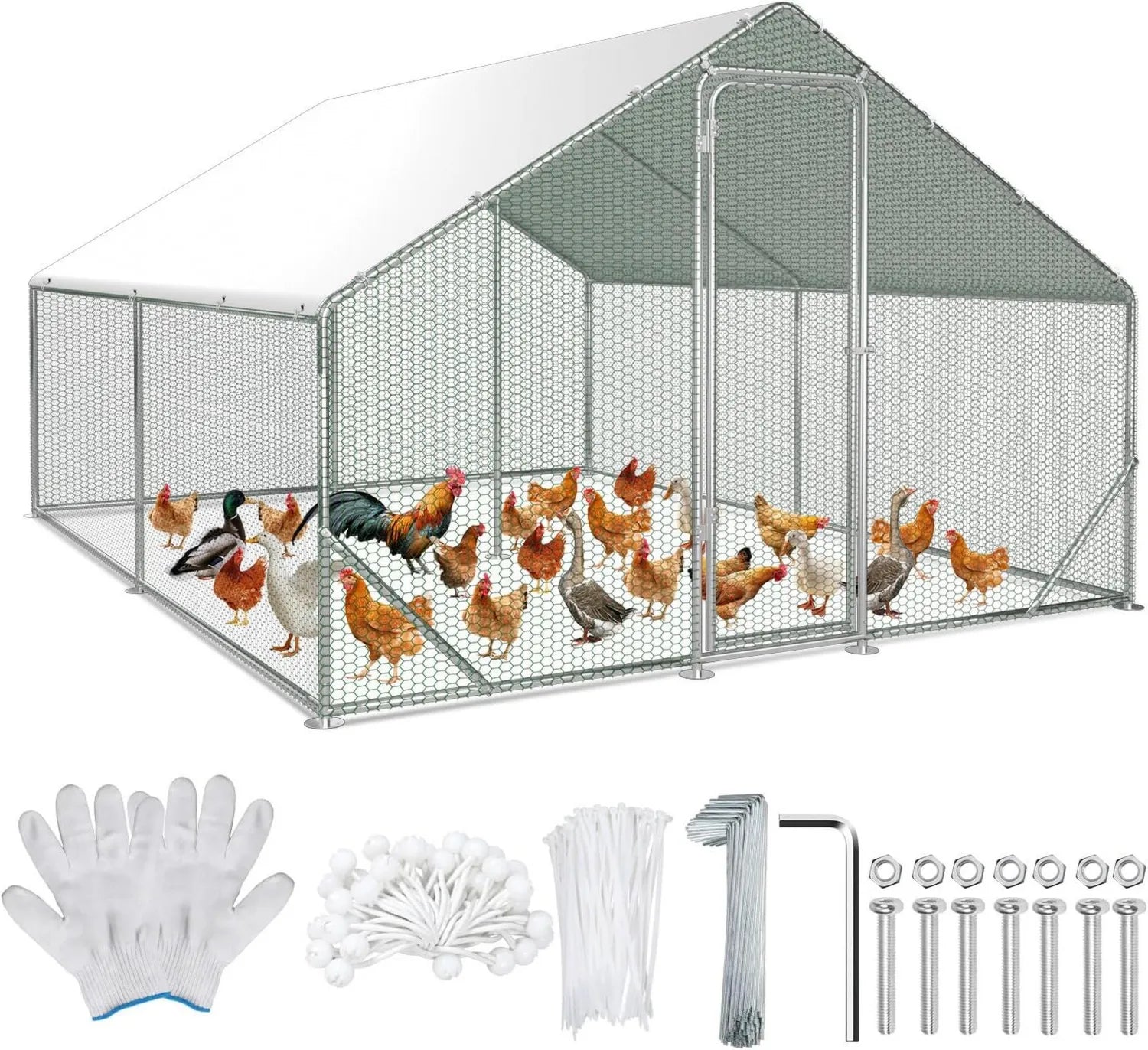 Begehbarer Hühnerstall Verzinkter Stahl Kleintierstall Hühnerhaus Dach Geflügelstall mit Sonnenschutzdach - 3 × 4 × 2m, Freilaufgehege 3x4x2m