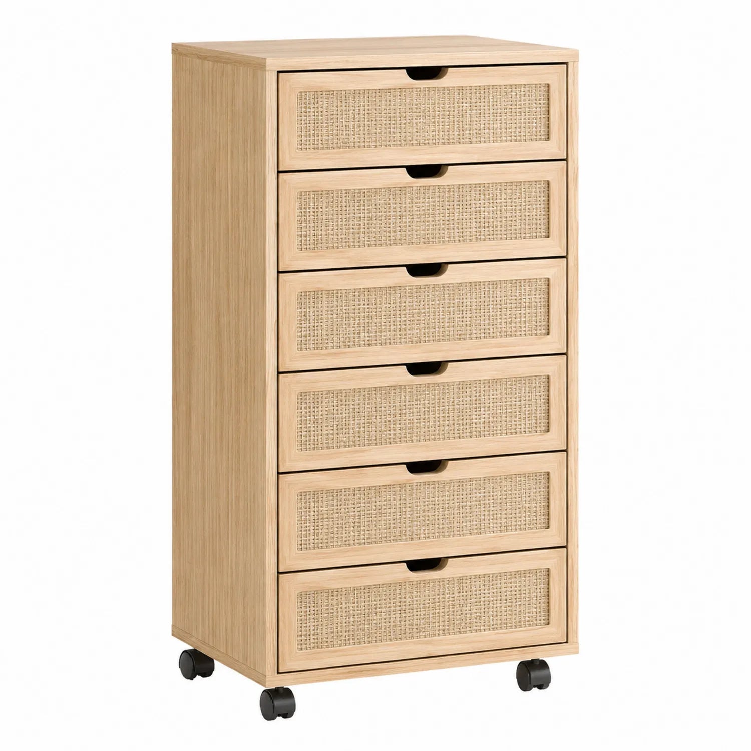 Holzkommode mit 6 Schubladen und Rattanfronten Beige 120x50x40cm mit Rollen