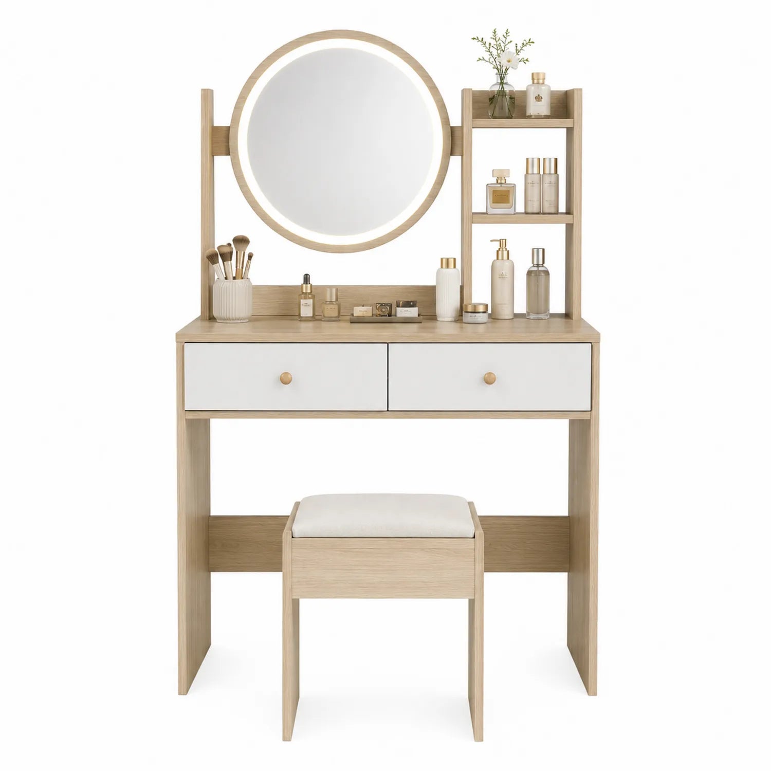 Schminktisch-Set aus Eichenholz und MDF mit LED Spiegel, Weiß, 2 Schubladen