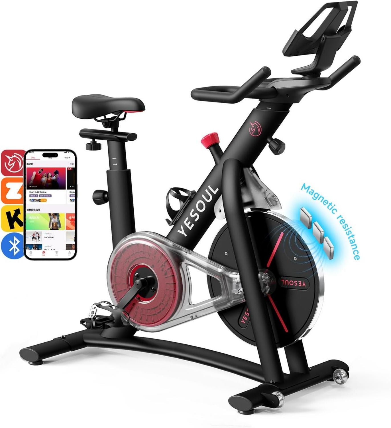 Indoor Cycling Bike für Zuhause: verstellbar, Bluetooth-Konnektivität, leiser Betrieb, YESOUL