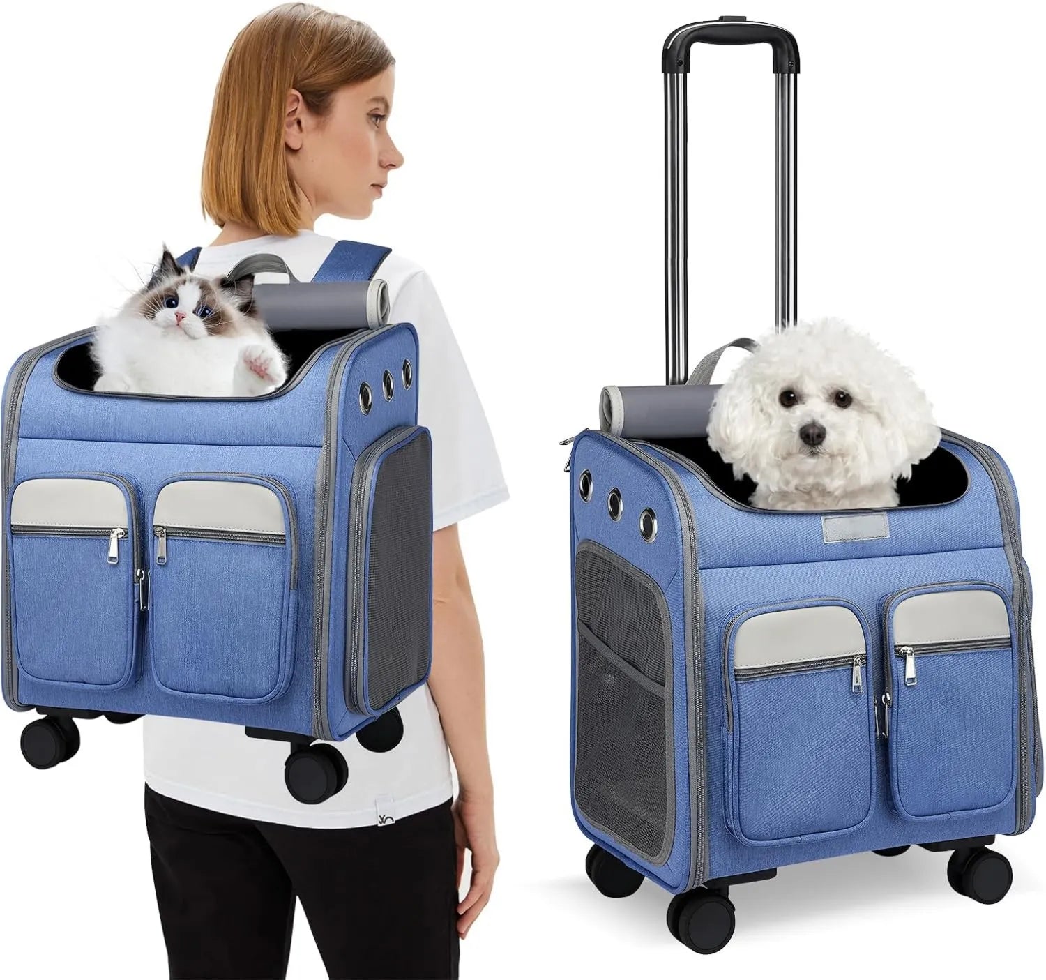 Katzenrucksack Hunderucksack mit Trolley 2 in 1 bis 11 kg – klappbar, mit Rollen